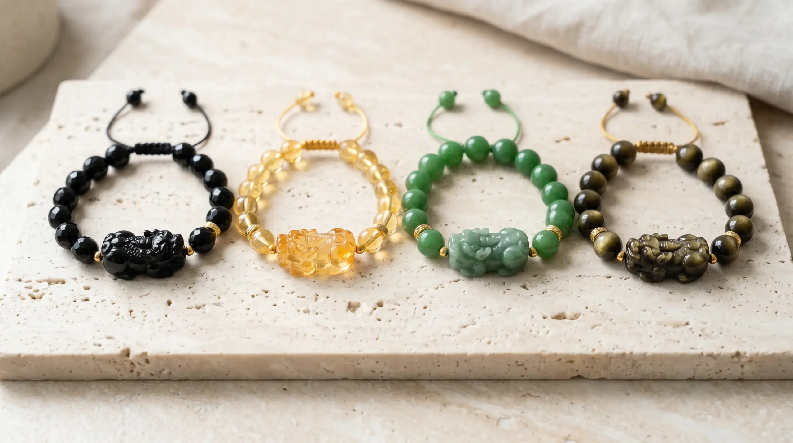 Black obsidian, citrine, green jade, and gold obsidian Pixiu bracelets displayed for comparison
