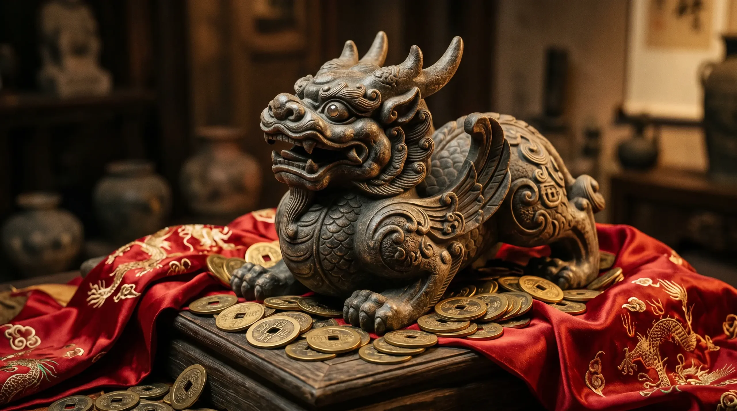 Traditional Pixiu fortune beast sculpture with gold coins symbolizing Chinese feng shui wealth protection