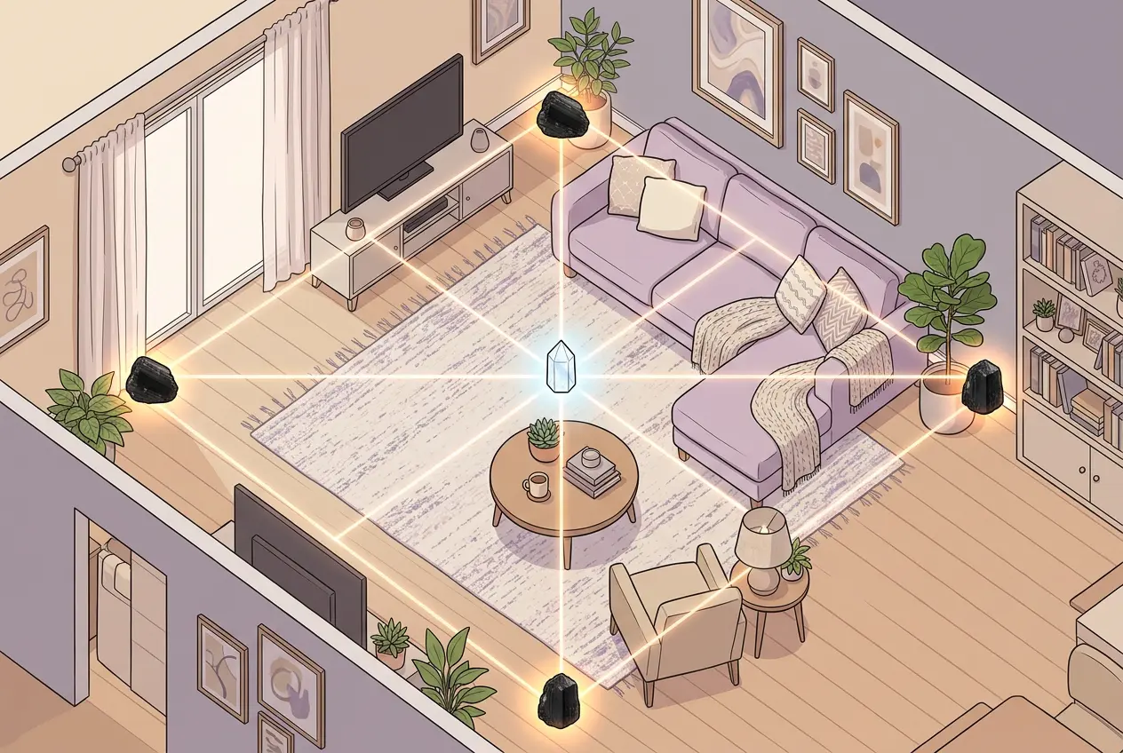 Black tourmaline and selenite placed in the four corners of a home for a protection crystal grid.