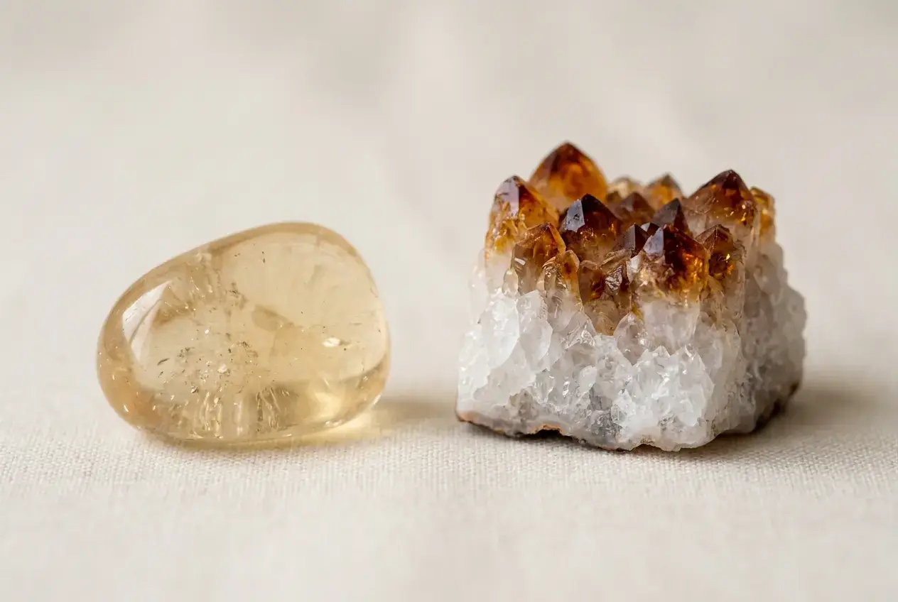 Comparison of natural honey-colored citrine versus heat-treated amethyst citrine with a white base and burnt-orange tips