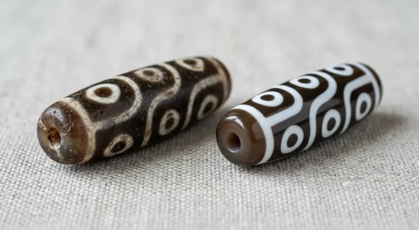 real-vs-fake-dzi-beads-comparison Real agate dzi bead next to a fake resin dzi bead, showing differences in etching depth and surface texture