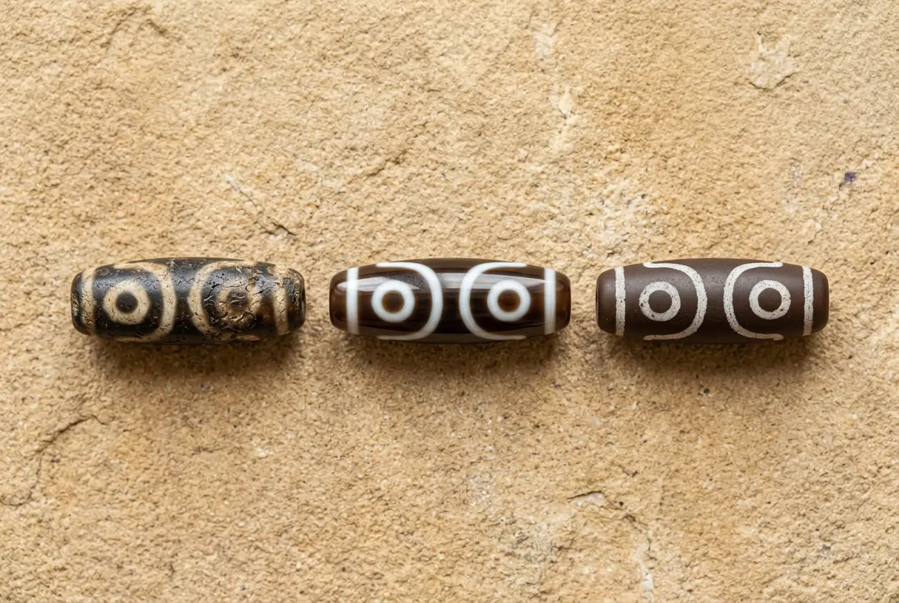 Three Tibetan dzi beads in a row representing ancient, new genuine agate, and imitation tiers