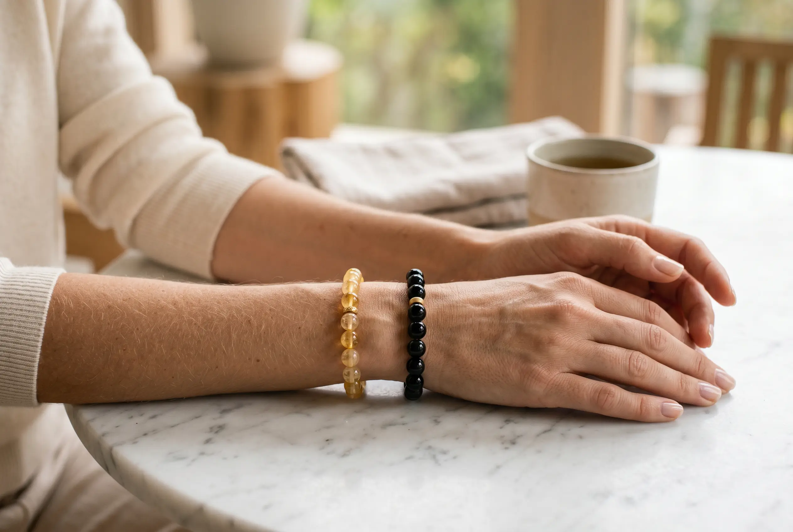 Person wearing a citrine bracelet on the left wrist for wealth and a black obsidian bracelet on the right wrist for protection