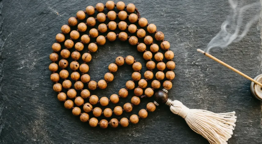 108-sandalwood-mala-beads-guru-bead-tassel Flat lay of meaningful crystal and mala bead gifts for Christmas 2026, including rose quartz, amethyst, and a sandalwood mala