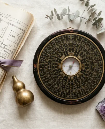 Flat lay of a feng shui compass, home floor plan, and purple accents representing the 2027 flying star chart