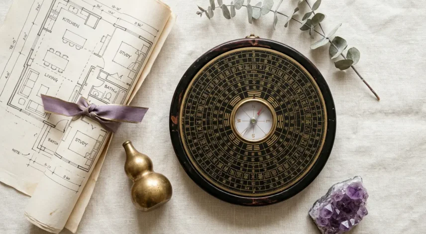 2027-flying-star-chart-feng-shui Flat lay of a feng shui compass, home floor plan, and purple accents representing the 2027 flying star chart