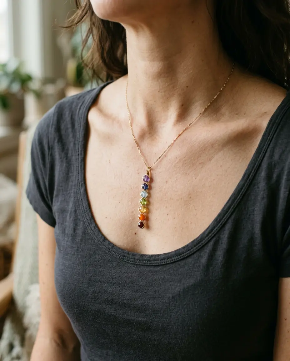 Seven chakra pendant necklace resting at the chest over a neutral top, closest to the heart center