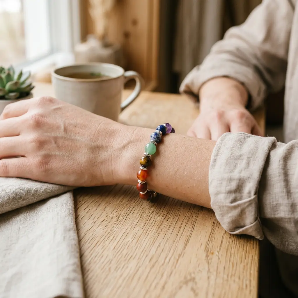 Woman's wrist wearing an 8mm seven chakra gemstone stretch bracelet in natural daylight