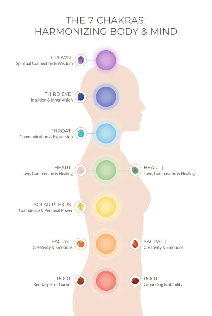 Chart showing the seven chakras with their Sanskrit names, colors, and matching gemstones from root to crown