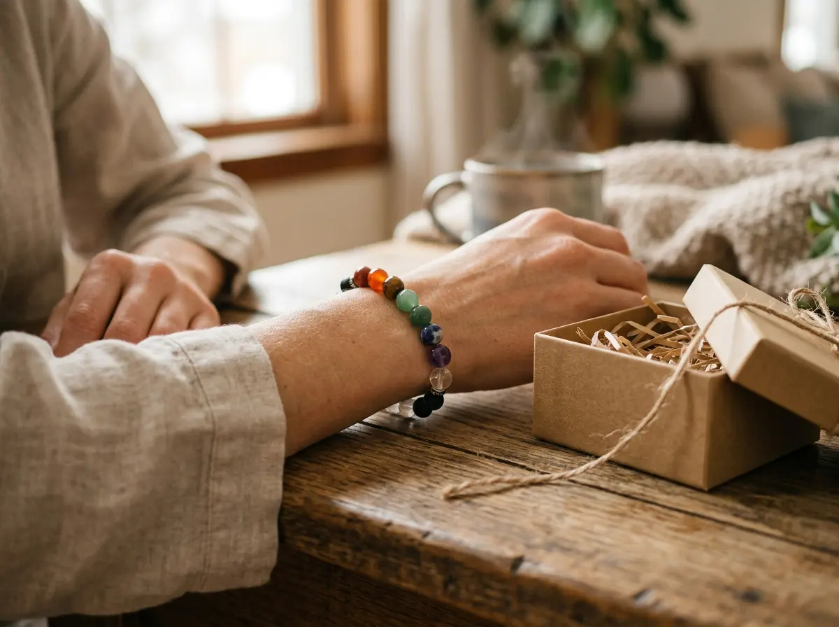 Woman's wrist wearing an 8mm 7-chakra stones bracelet beside an open gift box