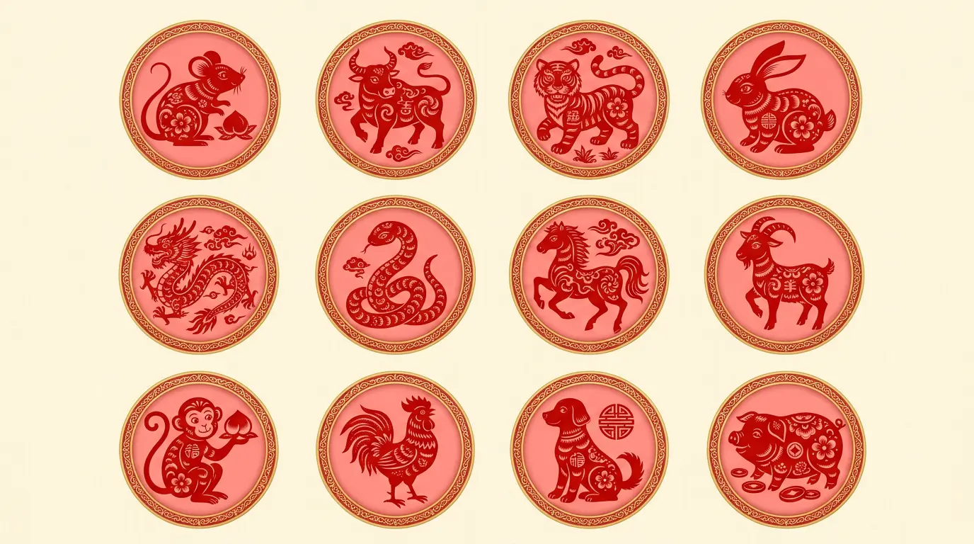 The twelve Chinese zodiac animals arranged in a grid, illustrating the December 2026 monthly forecast for each sign.