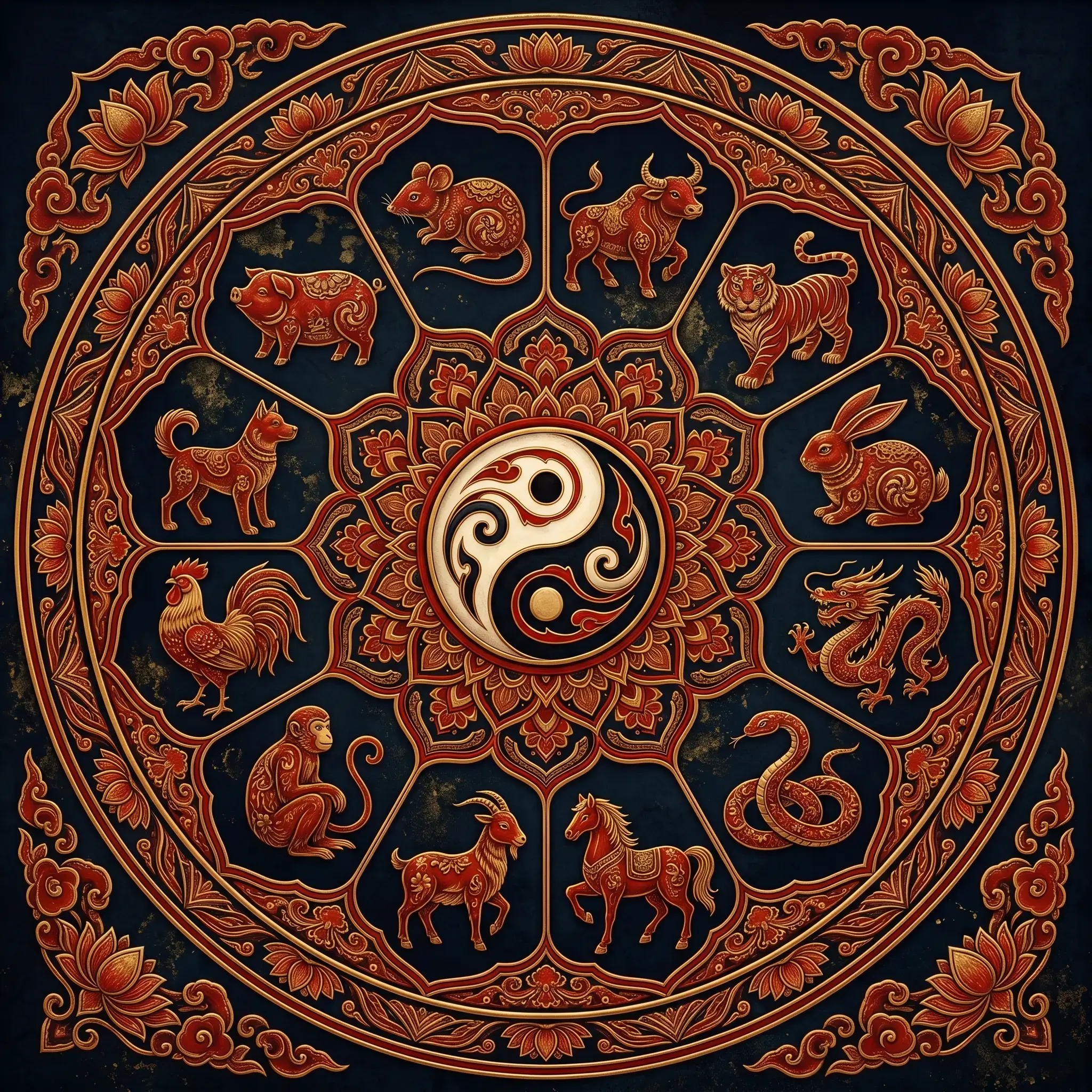Twelve Chinese zodiac animals — rat, ox, tiger, rabbit, dragon, snake, horse, goat, monkey, rooster, dog, and pig — arranged in an ornate circular mandala with red and gold decorative patterns on a dark background.
