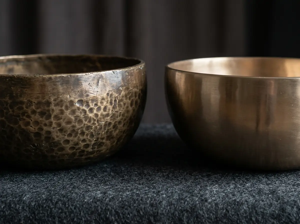 Close-up comparing an authentic hand-hammered Tibetan singing bowl with visible hammer marks against a smooth machine-stamped bowl
