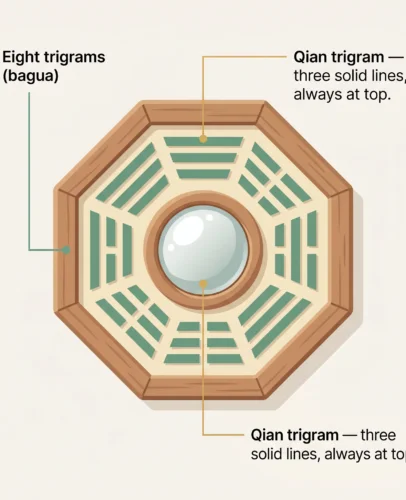Bagua Mirror Anatomy Eight Trigrams and Central Mirror Labeled diagram of a bagua mirror showing the octagonal frame, eight trigrams, and central round mirror with the Qian trigram at the top