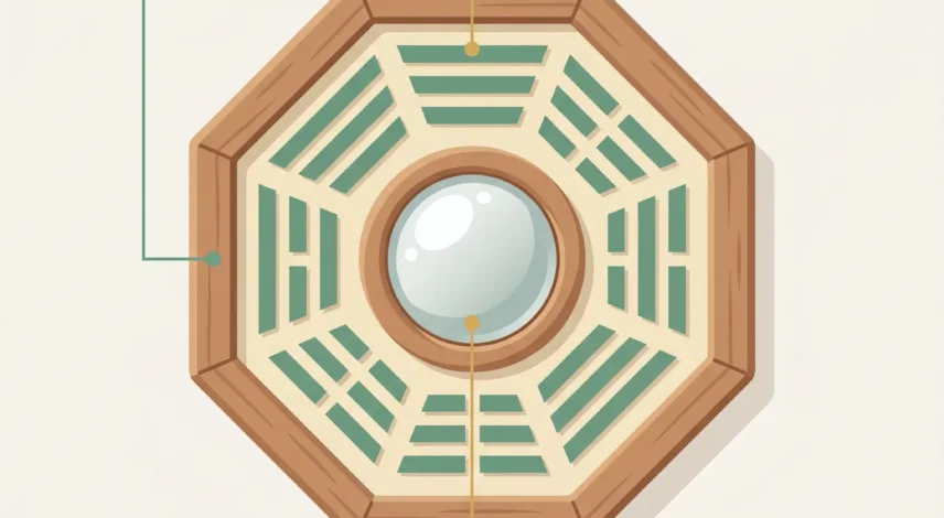 Bagua Mirror Anatomy Eight Trigrams and Central Mirror Labeled diagram of a bagua mirror showing the octagonal frame, eight trigrams, and central round mirror with the Qian trigram at the top
