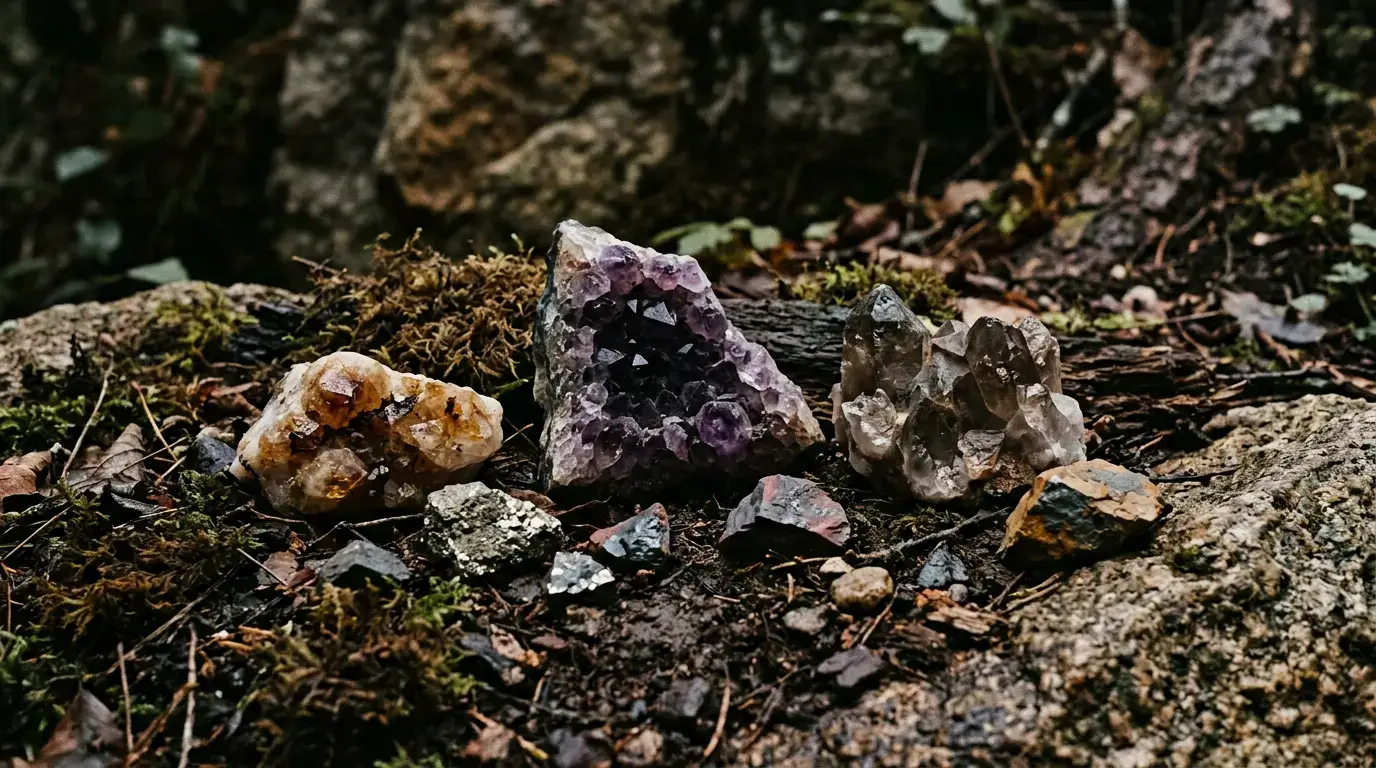 Raw unpolished crystals and rough stones in an earthy, natural setting suggesting their mining origins, encouraging buyers to think about where crystals come from before purchasing.