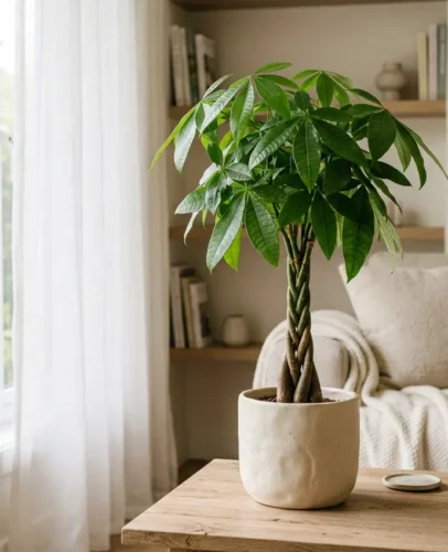 Braided Feng Shui Money Tree in Bright Living Room Braided Feng Shui Money Tree in Bright Living Room