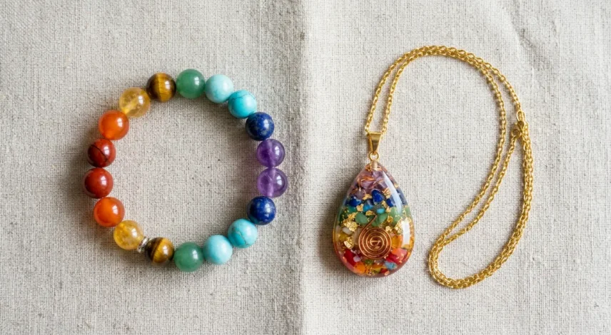 Chakra Bracelet vs Chakra Necklace Comparison Seven-stone chakra bracelet and rainbow chakra pendant necklace displayed side by side on light linen