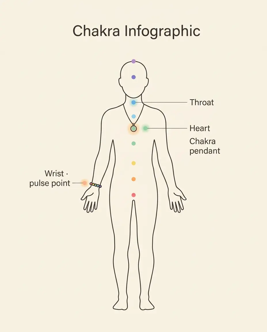 Diagram comparing chakra bracelet placement at the wrist pulse point with chakra necklace placement at the heart and throat centers
