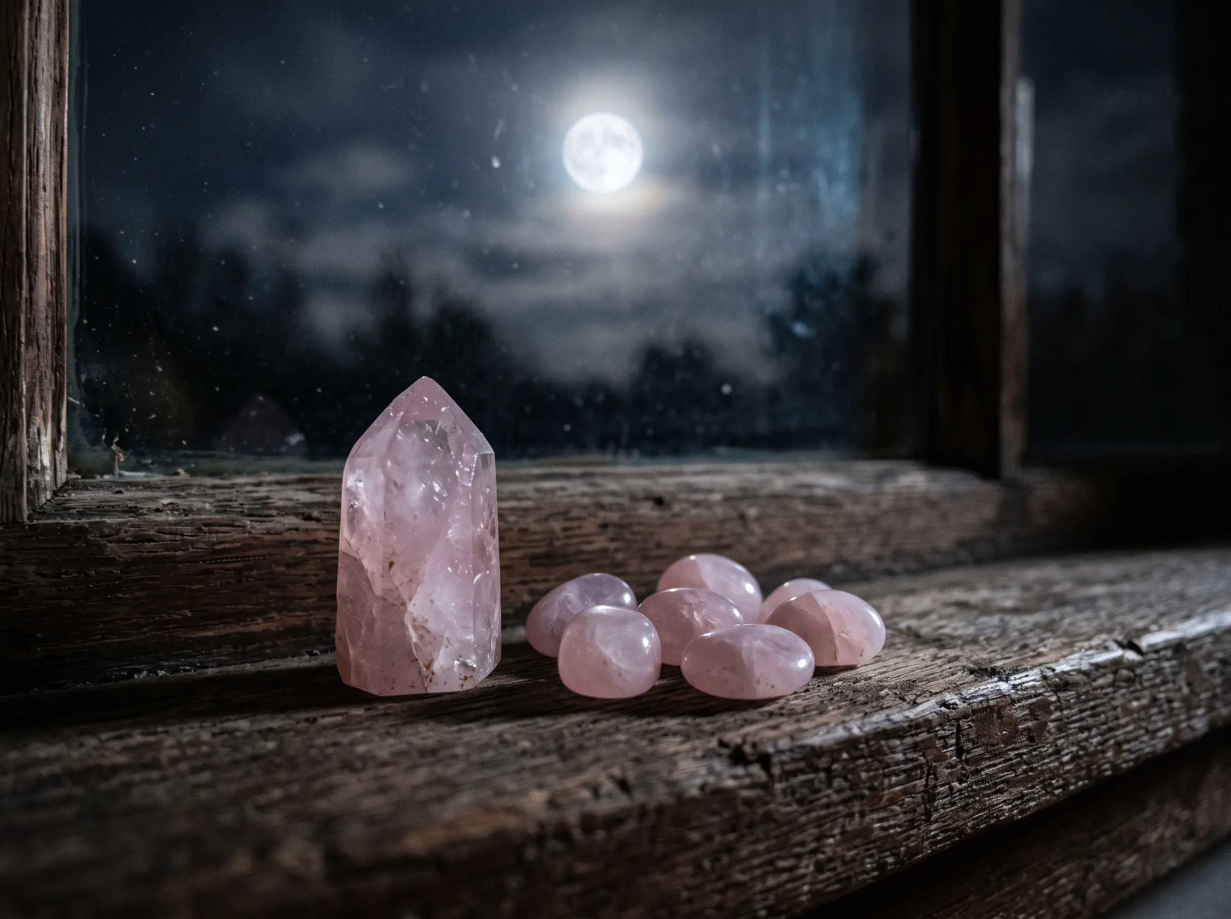 Rose quartz crystals arranged on a windowsill bathed in soft moonlight for overnight energy cleansing and charging
