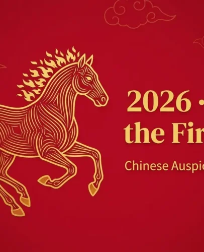 Chinese Auspicious Dates 2026 Year of the Fire Horse Illustration of the red and gold Fire Horse for Chinese Auspicious Dates 2026 guide
