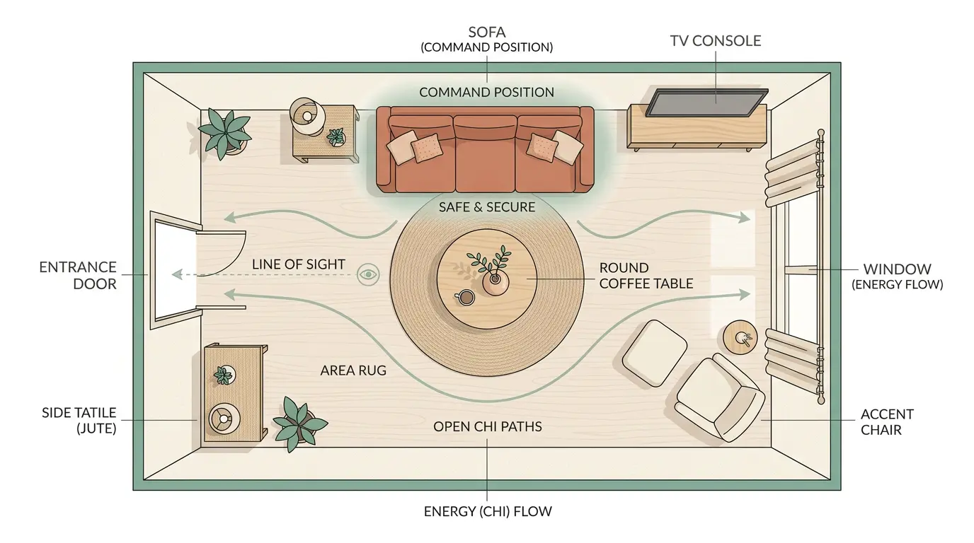 Diagram of sofa in command position against a solid wall with clear view of the door, not directly facing it