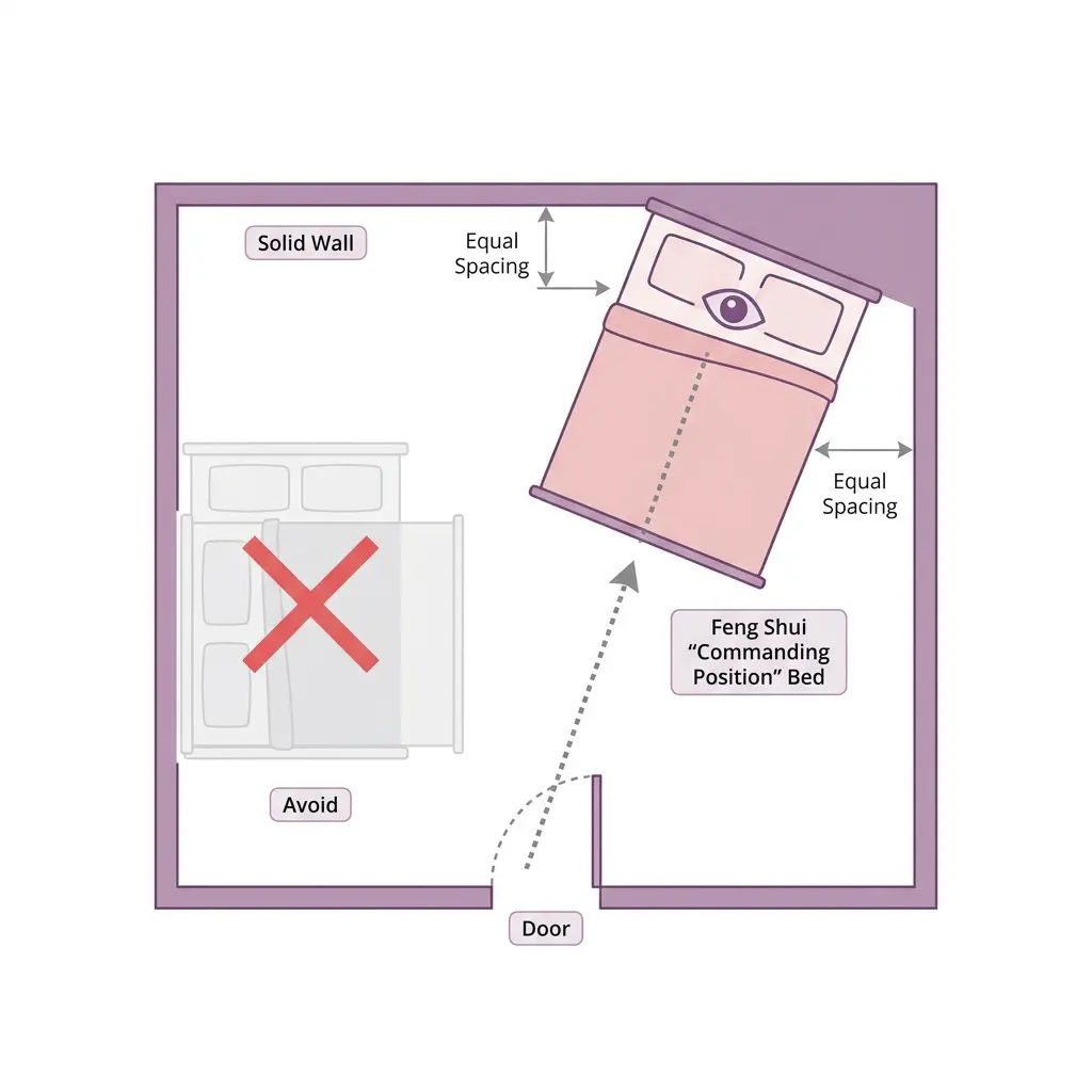 Feng shui commanding position diagram showing correct bed placement diagonal from the door