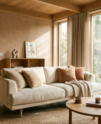 Common Feng Shui Mistakes to Avoid at Home Bright, tidy modern living room with balanced feng shui furniture placement, plants, and natural light