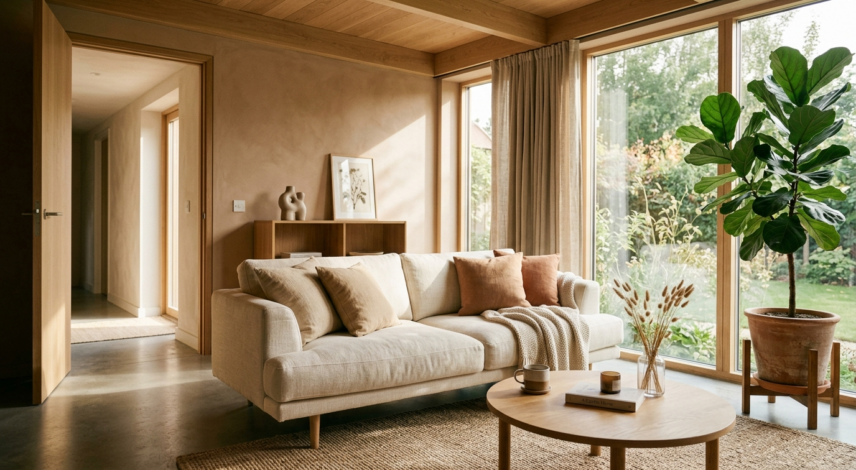 Common Feng Shui Mistakes to Avoid at Home Bright, tidy modern living room with balanced feng shui furniture placement, plants, and natural light