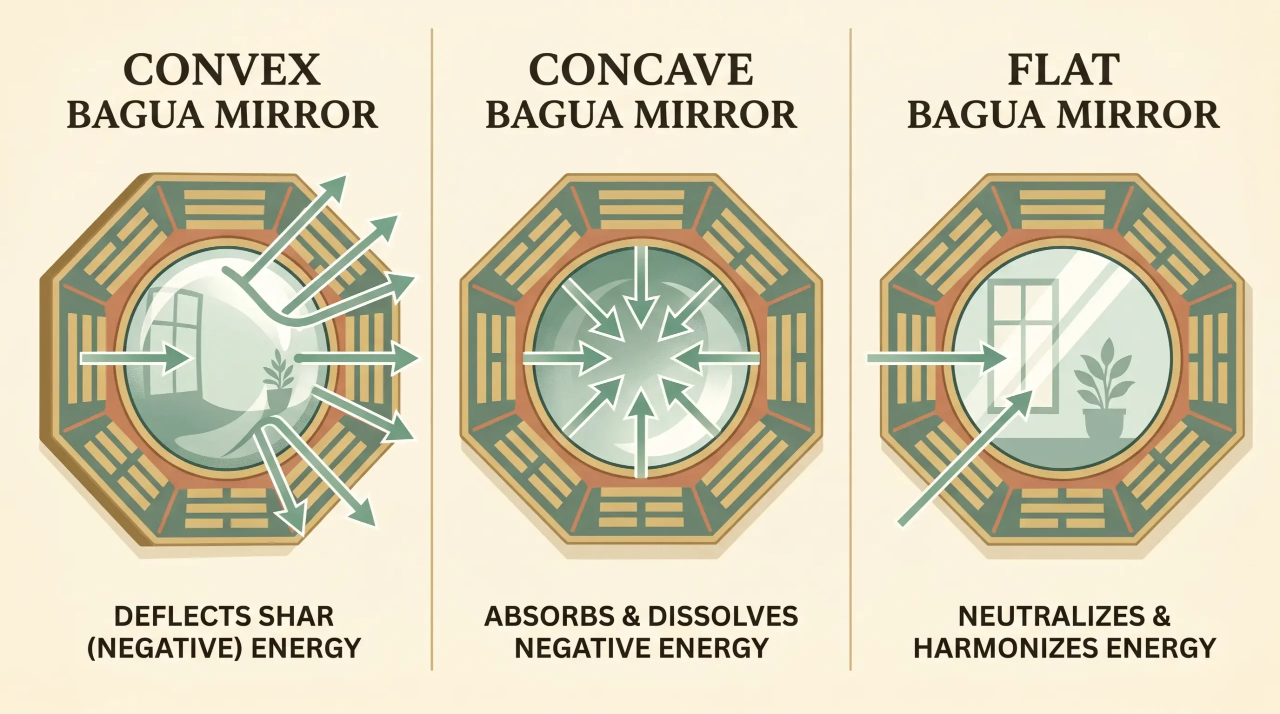 Side-by-side comparison of convex, concave, and flat bagua mirrors with small arrows showing energy deflected, absorbed, and reflected