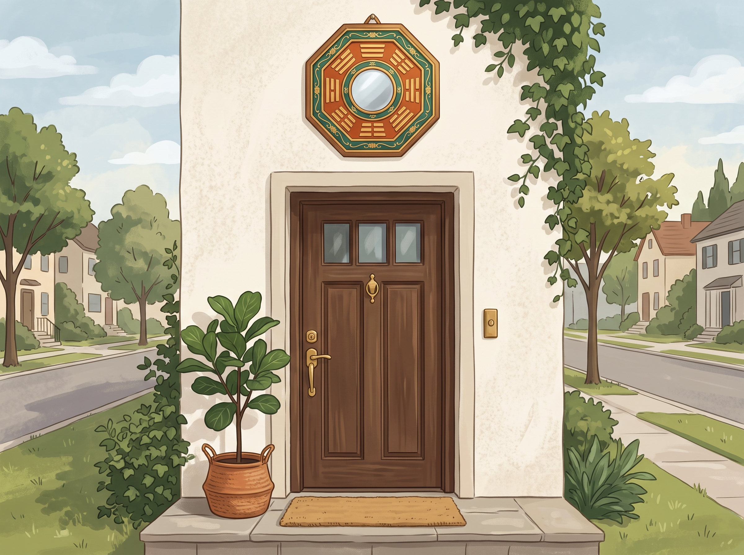 A bagua mirror mounted outdoors on the exterior wall above a front door, facing outward, with the Qian trigram positioned at the top