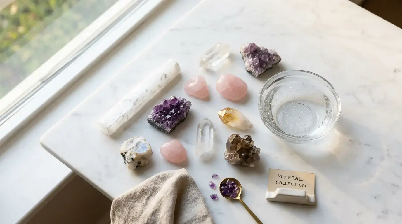 Several different crystals arranged next to a glass of water and a sunlit window, highlighting that not all crystals are safe for water or prolonged sunlight exposure.