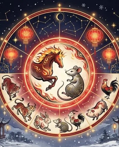 December 2026 Chinese Zodiac Horoscope Illustrated Chinese zodiac wheel for the December 2026 horoscope, showing the Fire Horse year transitioning into the Metal Rat month.