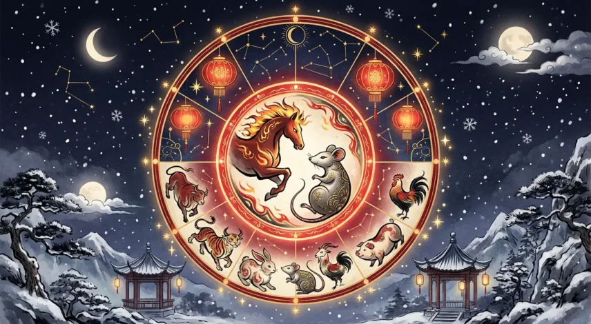 December 2026 Chinese Zodiac Horoscope Illustrated Chinese zodiac wheel for the December 2026 horoscope, showing the Fire Horse year transitioning into the Metal Rat month.