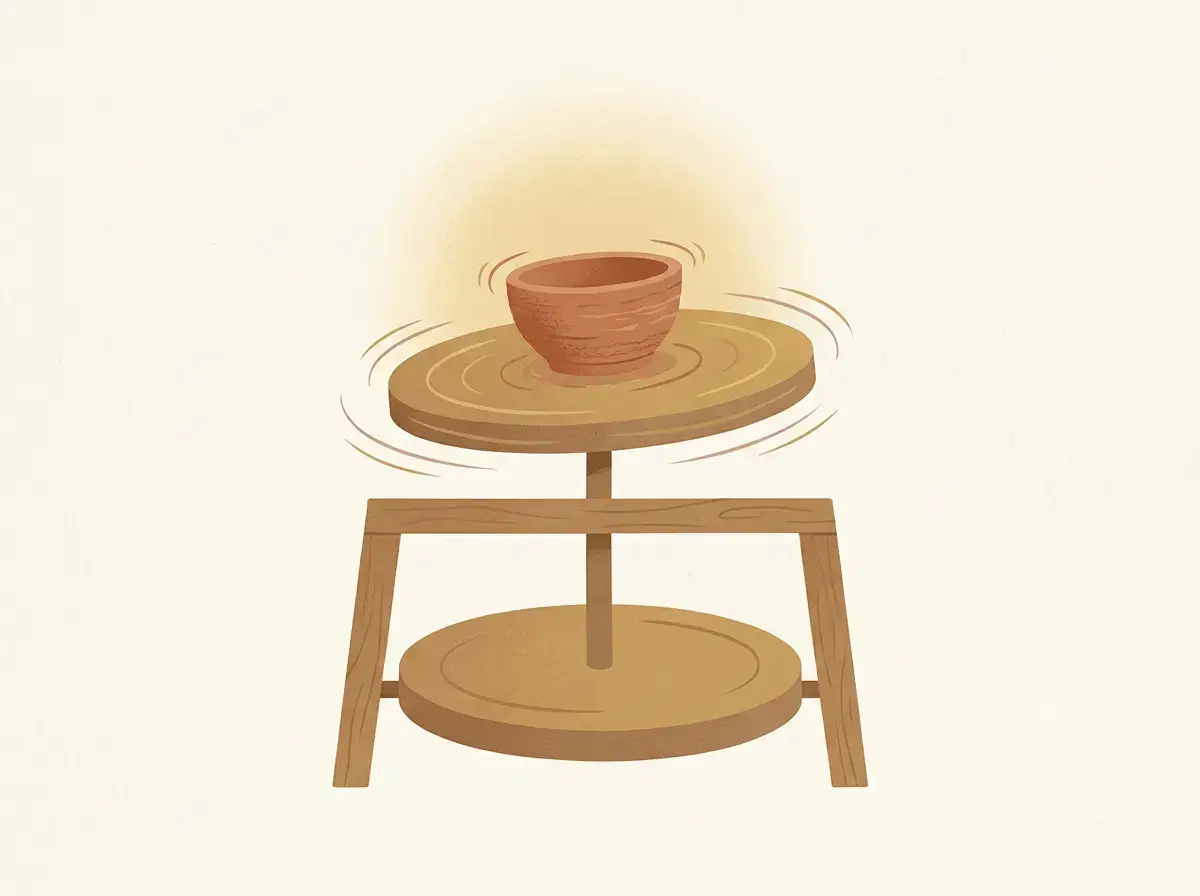 Symbolic illustration of a potter's wheel slightly off-center representing dukkha and craving