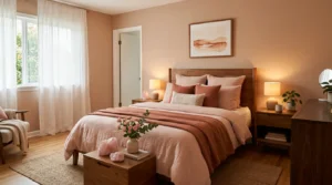Cozy feng shui bedroom with soft pink bedding, paired nightstands, and rose quartz for love