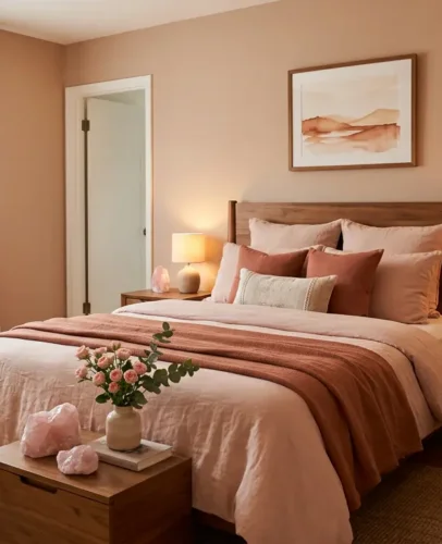 Feng Shui Bedroom for Love and Relationships Cozy feng shui bedroom with soft pink bedding, paired nightstands, and rose quartz for love
