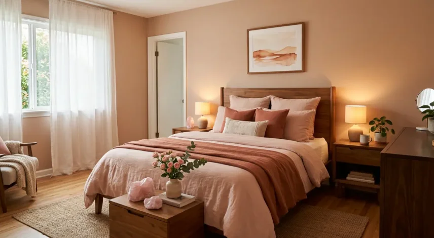 Feng Shui Bedroom for Love and Relationships Cozy feng shui bedroom with soft pink bedding, paired nightstands, and rose quartz for love