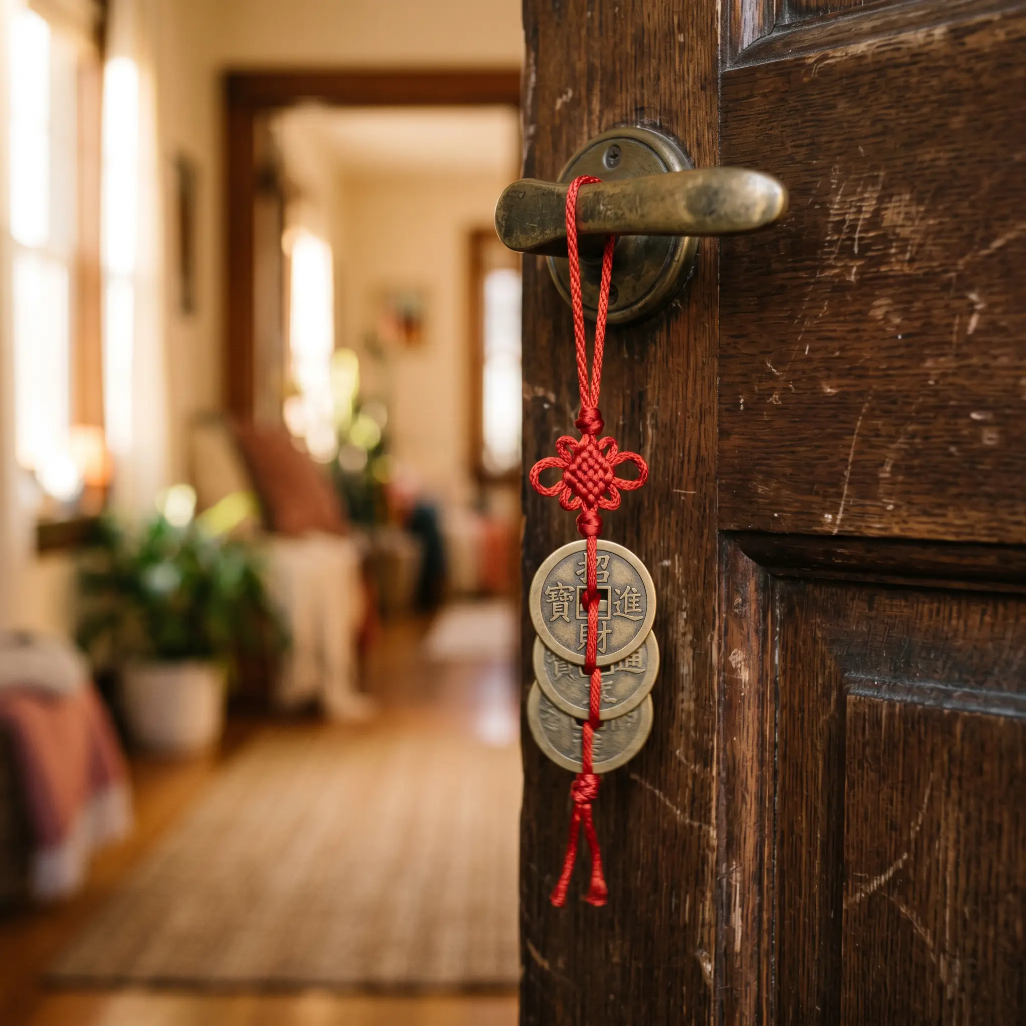 Three feng shui coins on red string hanging on a front door handle to invite wealth energy into the home