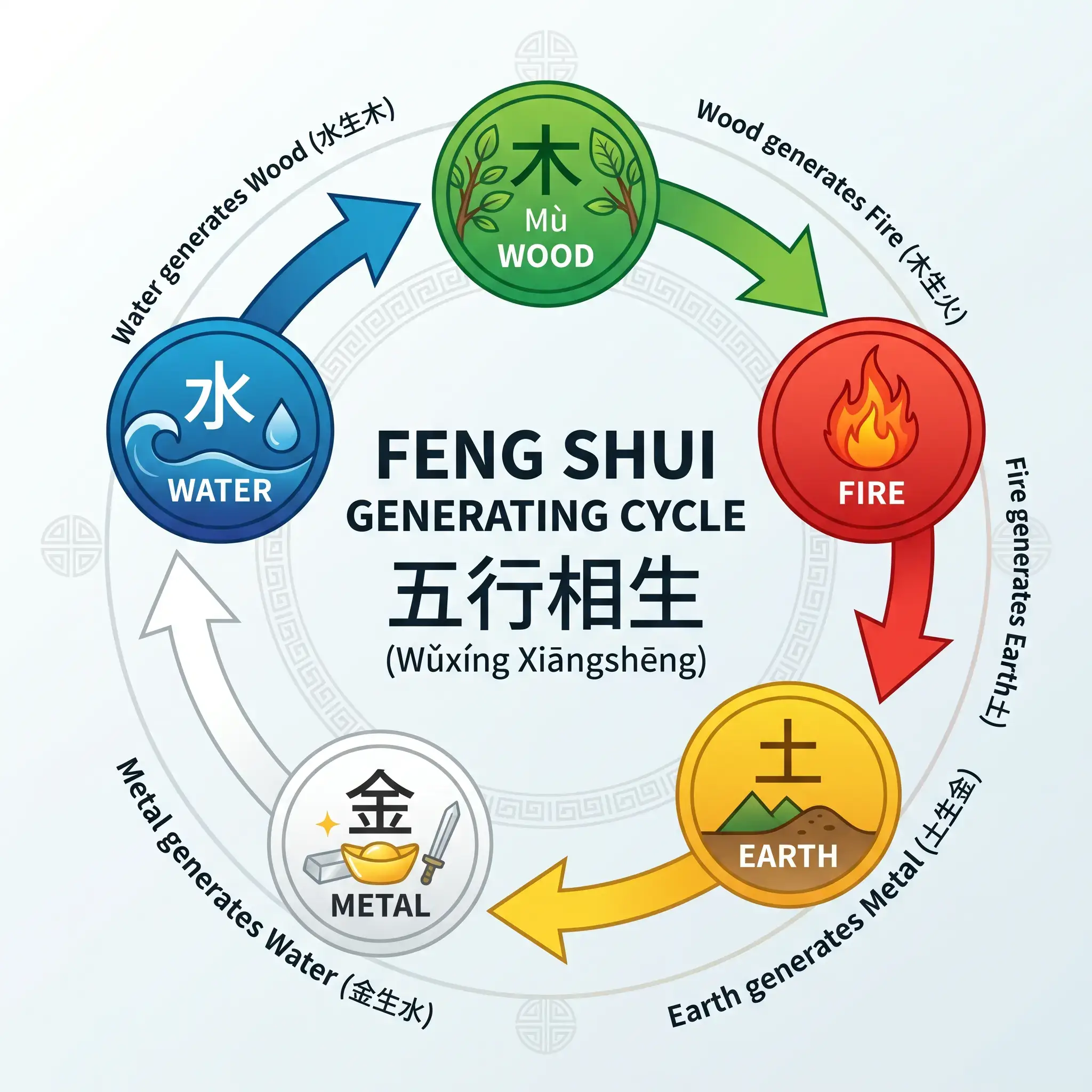 Circular diagram of the Feng Shui Generating Cycle showing how Wood, Fire, Earth, Metal, and Water create each other in sequence