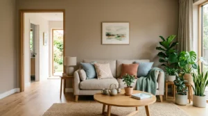 Harmonious feng shui living room with sofa in command position, plants, and warm natural light