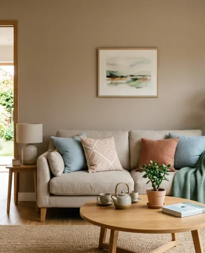 Feng Shui Living Room with Balanced Chi and Natural Light Harmonious feng shui living room with sofa in command position, plants, and warm natural light