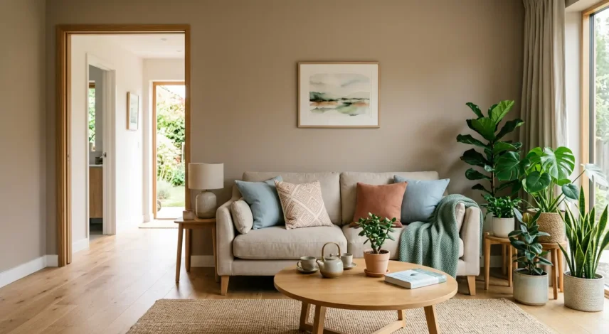 Feng Shui Living Room with Balanced Chi and Natural Light Harmonious feng shui living room with sofa in command position, plants, and warm natural light