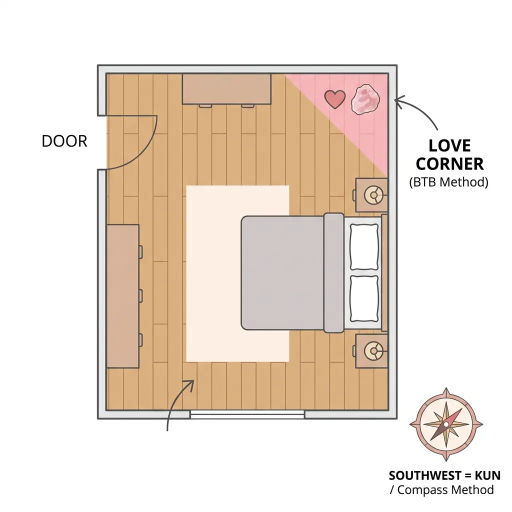 Diagram showing how to locate the feng shui love corner using the BTB and compass Southwest methods