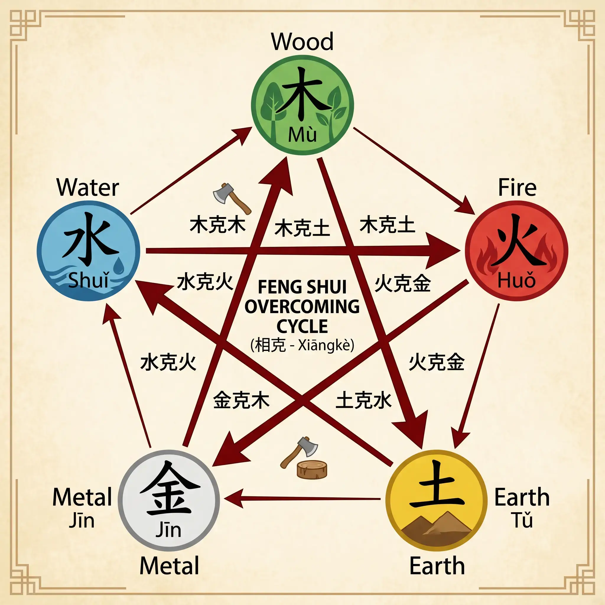Five-pointed star diagram of the Feng Shui Overcoming Cycle showing how Wood, Earth, Water, Fire, and Metal restrain each other