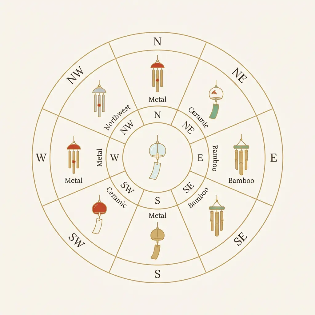Bagua compass diagram matching wind chime materials to feng shui directions: metal to northwest, wood to east