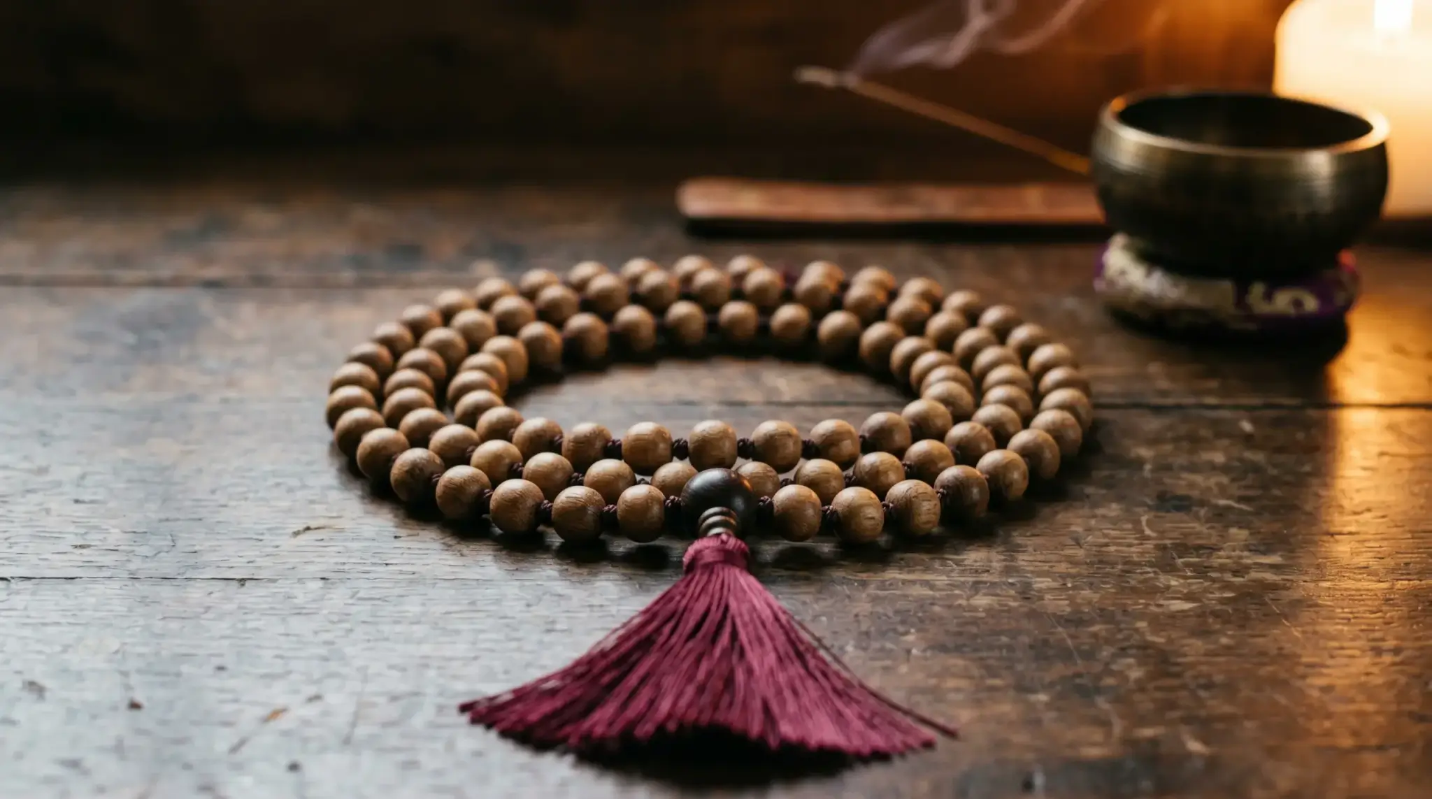 Finished Tibetan mala necklace with 108 hand-knotted beads, three-holed guru bead, and silk tassel on a wooden altar
