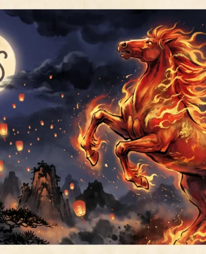 Fire Horse Meets the Monkey Month A majestic red fire horse rearing up through golden flames beneath a full moon, with a Chinese monkey zodiac motif, symbolizing the August 2026 Monkey month energy inside the Fire Horse year.