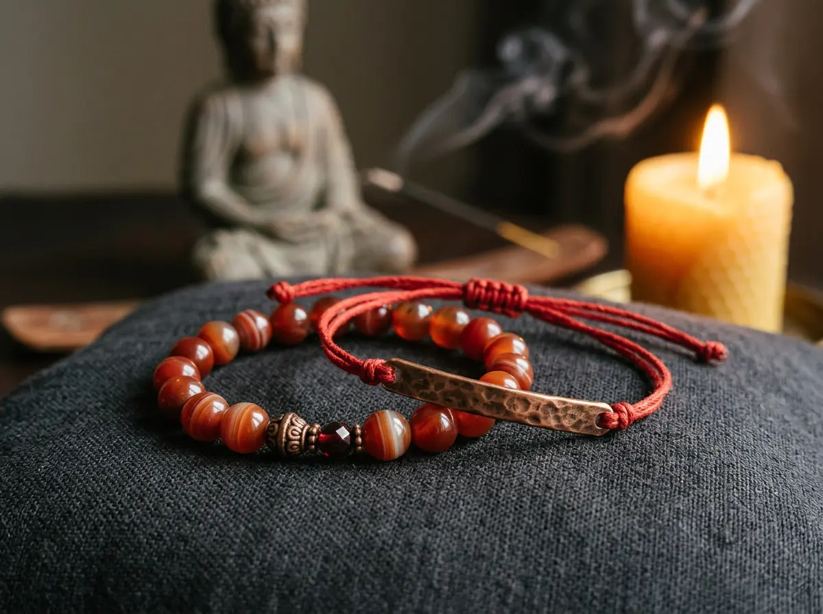 Red agate and red string protection bracelet on a dark cloth, a traditional remedy for the 2026 Horse Ben Ming Nian.