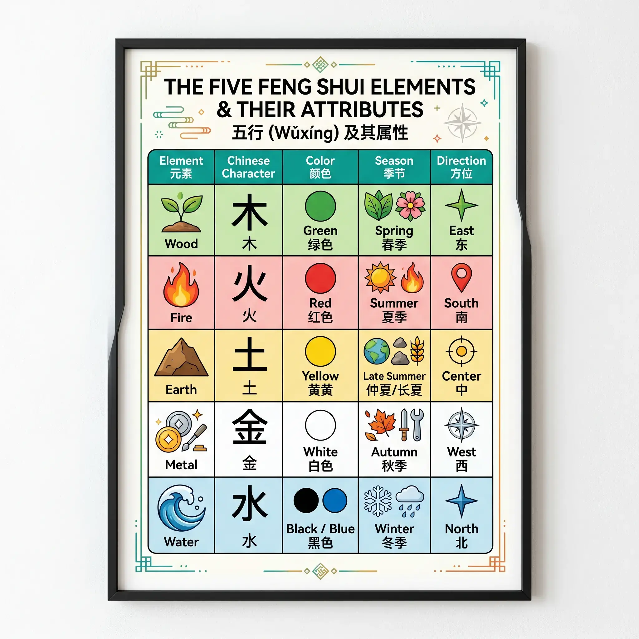 Infographic of the five Feng Shui elements showing each element's color, season, and direction 
